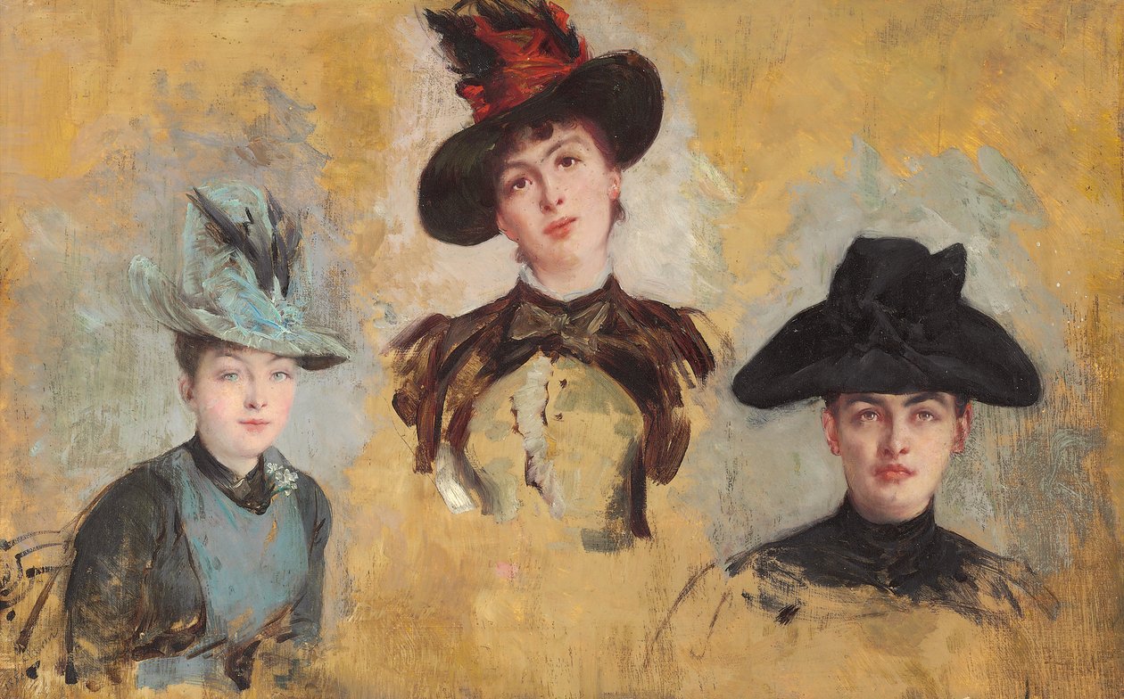 戴着帽子的三个女人；戴着帽子的三个女人，1880年 作者 乔治克莱林