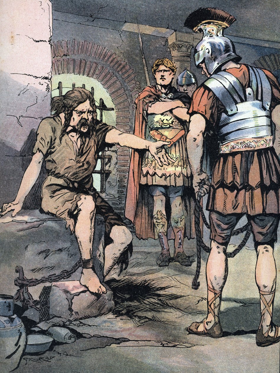 高卢战争："公元前 46 年，高卢勇士 Vercingetorix 在图利亚努姆的监狱中被囚禁在罗马朱利斯-凯撒的武器中"（高卢战争：Vercingetorix 在击败朱利斯-凯撒后被囚禁在罗马的 Mamertine 监狱中，公元前 46 年）：公元前 46 年，Vercingetorix 战败恺撒大帝后被囚禁在罗马的 Mamertine 监狱）插图作者：Vercingetorix。 作者 乔治·康拉德