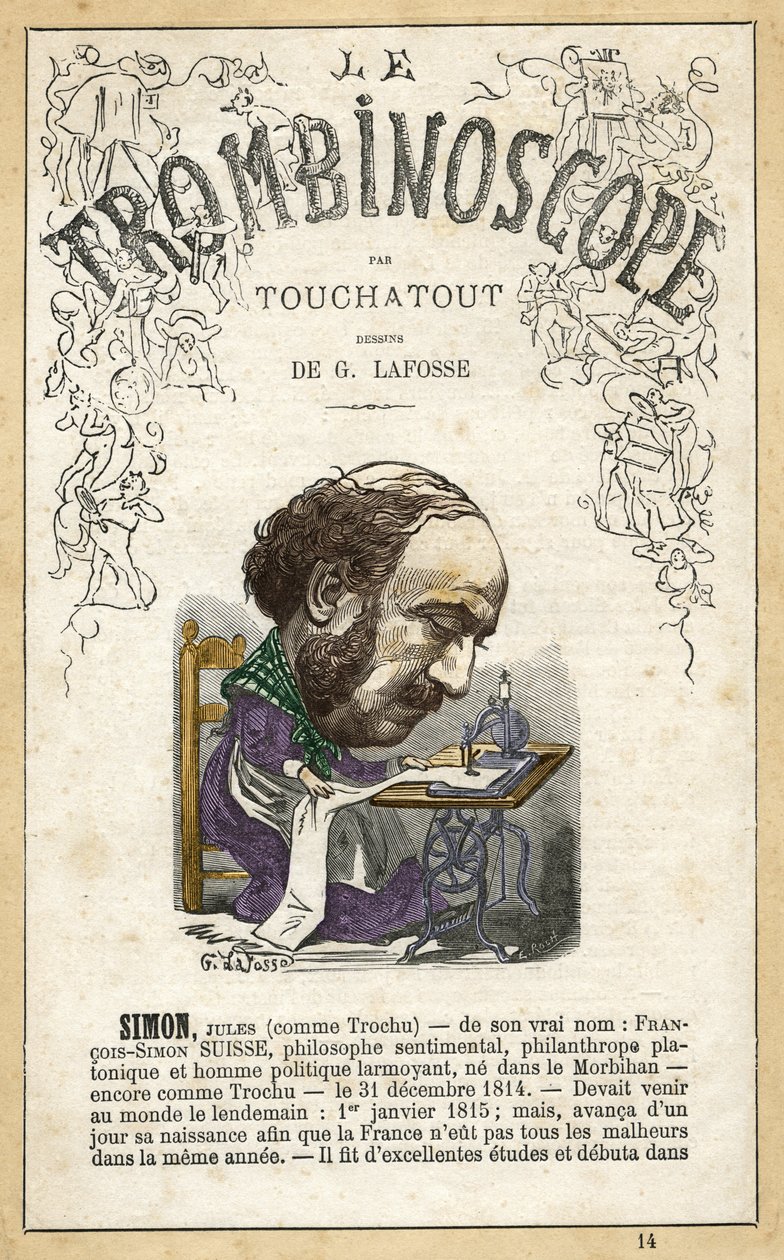 儒勒-西蒙（1814-1896 年）--"Le Trombinoscope "中的插图，"Le Trombinoscope "是 Leon-Charles Bienvenu 的讽刺政治期刊，被称为 Touchatout（1835-1910 年）专刊第 14 期，巴黎 作者 