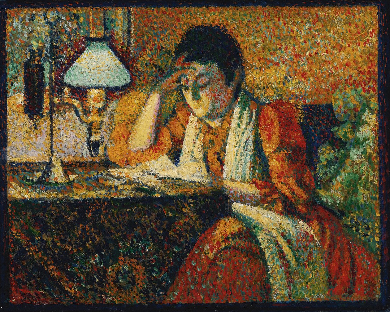 The Reader par Lemmen, Georges (1865-1916)。 木头油彩，尺寸：30,5x38,7，c。 1888 年，私人收藏 作者 乔治莱门