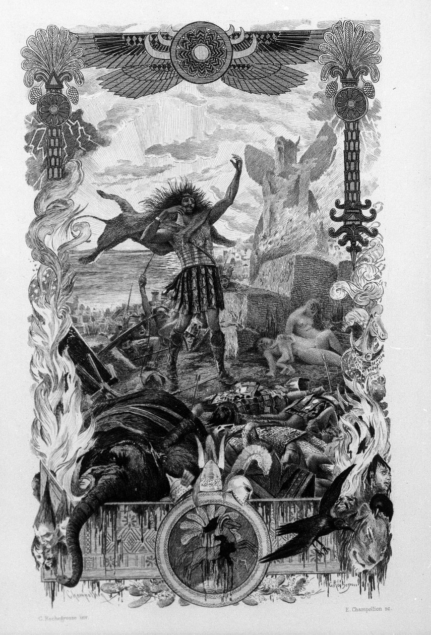 Illustration by Georges Antoine Rochegrosse (1859-1938) for the novel “Salammbo” by Gustave Flaubert, taking as a frame the war of mercenaries at the time of the first Punic War (246-241 BC) between the Romans and Carthaginians. 作者 乔治·玛丽·罗什格罗塞（Georges Marie Rochegrosse）