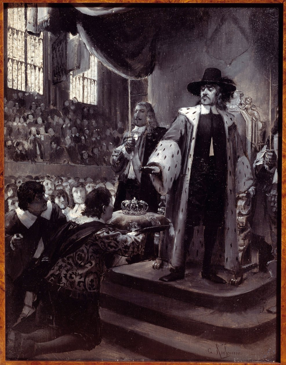 奥利维尔·克伦威尔（Olivier Cromwell，1599-1658）拒绝加冕 1658 年，谦卑请愿和 Avis（新议会）向大不列颠共和国护国公提出加冕。乔治·安托万·罗切格罗斯（Georges Antoine Rochegrosse，1859-1938）在木头上加冕，19 世纪 . 作者 乔治·玛丽·罗什格罗塞（Georges Marie Rochegrosse）