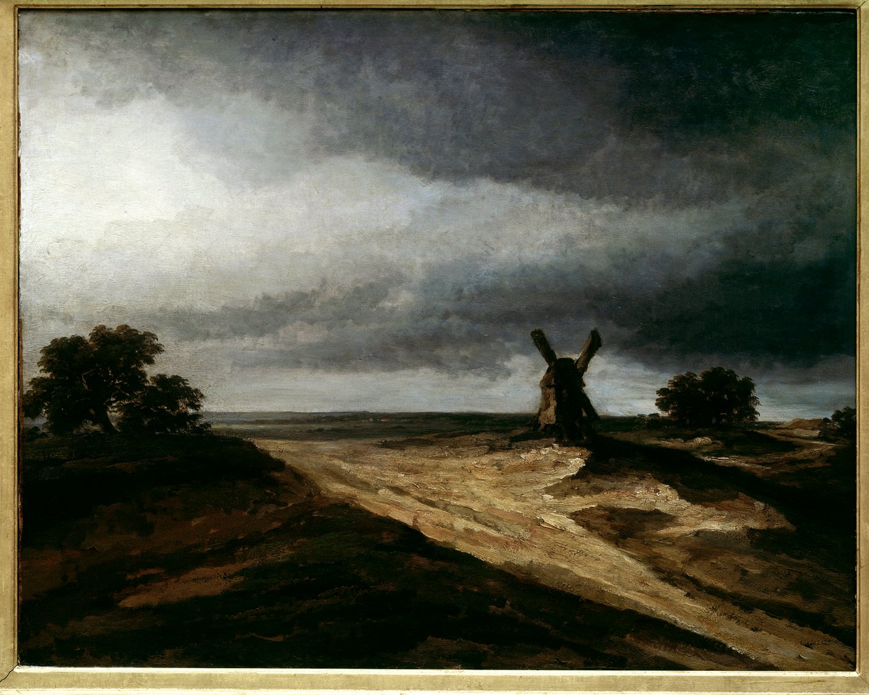 蒙马特巴黎景观与磨坊的环境。 Georges Michel (1763-1843) 18 世纪 Sun 的画作。 0,64 X 0,80 m 巴黎，卢浮宫 作者 乔治·米歇尔