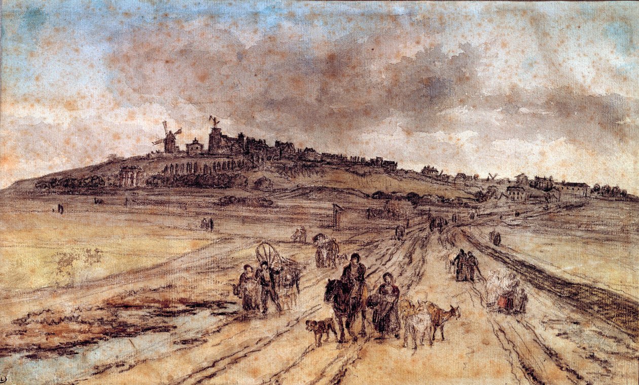 Georges Michel (1763-1843) 19 世纪巴黎，卢浮宫博物馆的《从蒙马特到巴黎的风景》水彩画 作者 乔治·米歇尔