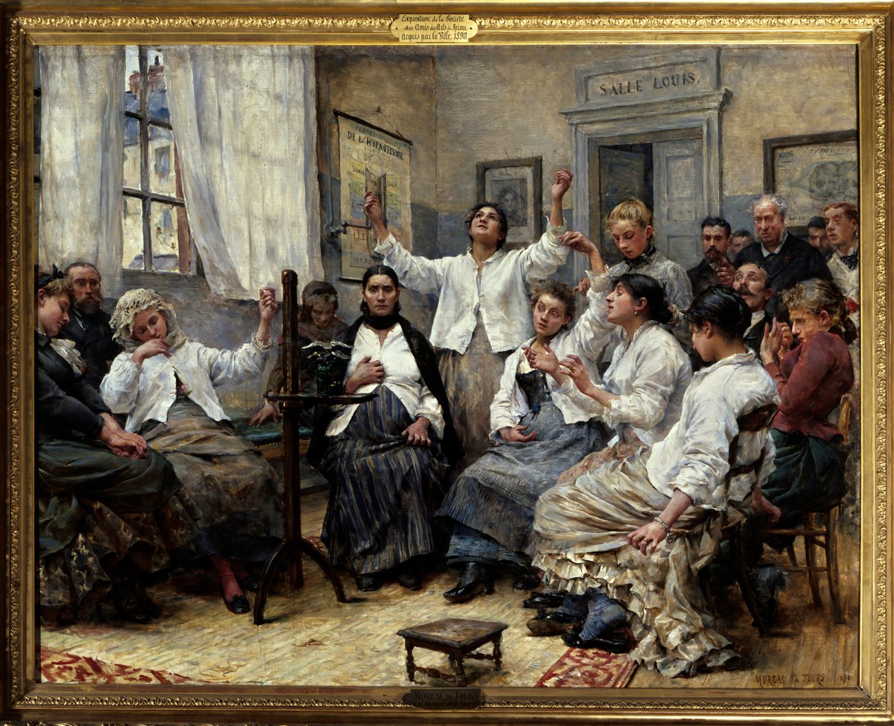 Charity 的魅力（Luys 医生的服务）。 巴黎 Hôpital de la Charite 的场景：病房后面的医生正在监视患有歇斯底里症和其他精神疾病的患者。 墙上有一张关于作为治疗方法的催眠方法的海报 作者 乔治·莫罗·德图尔