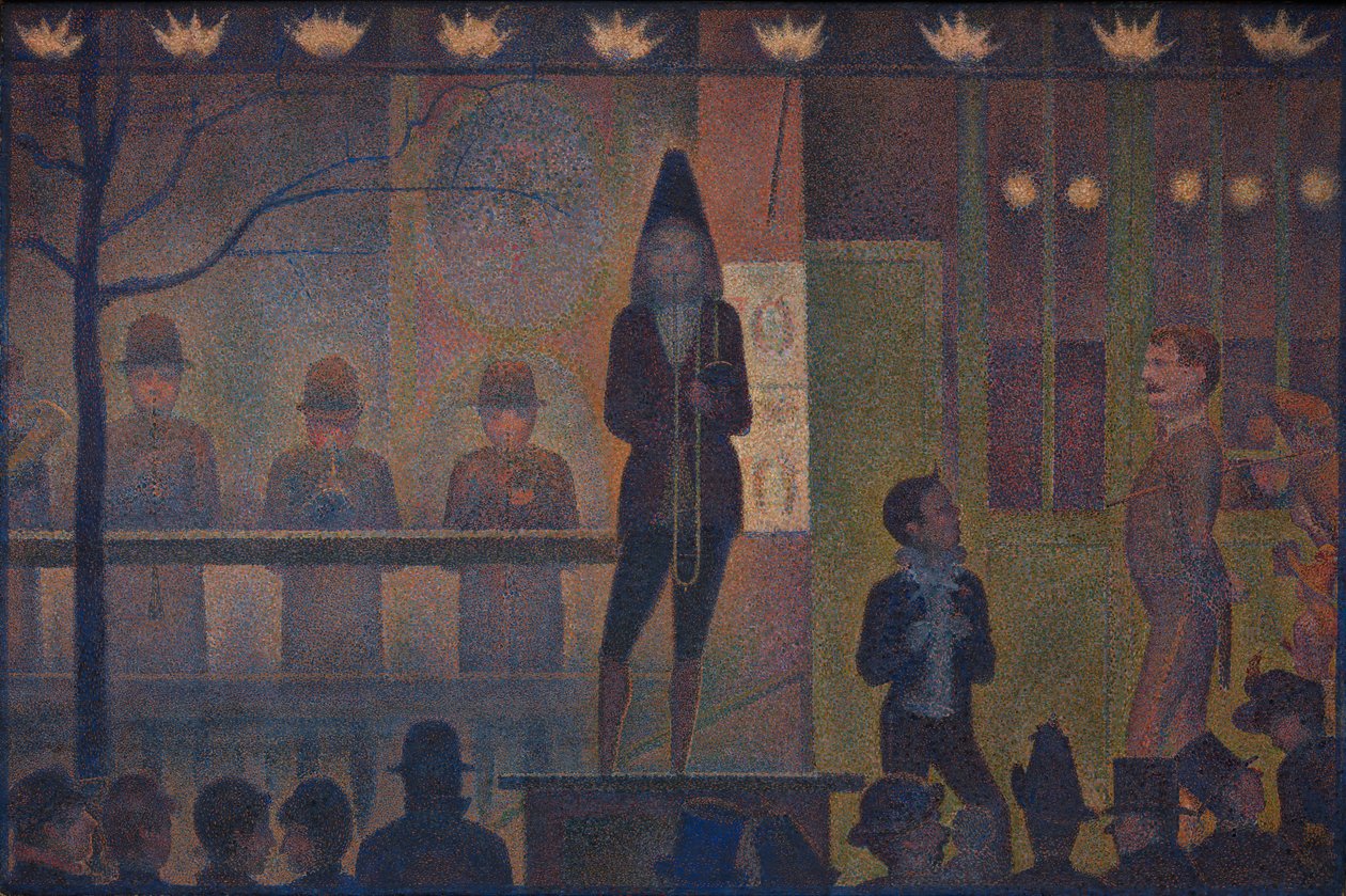 马戏团杂耍游行，1887-88。 作者 乔治·皮埃尔·苏拉特