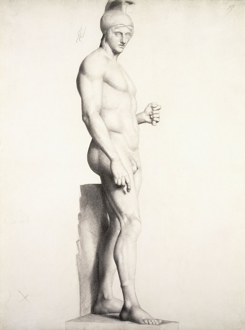 戴着头盔的战士，轮廓，1875-1878年 作者 乔治·皮埃尔·苏拉特
