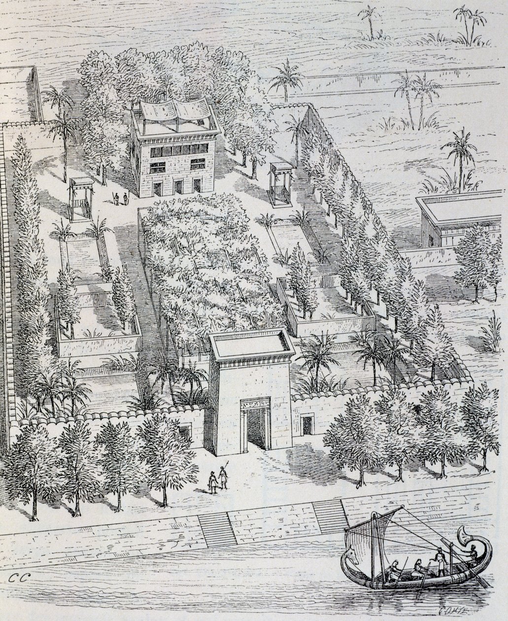 尼罗河畔的埃及别墅景观，由Chipiez重建，来自古代艺术史（埃及、亚述、波斯、小亚细亚、希腊、伊特鲁里亚、罗马）。 作者 Georges 和 Chipiez 查尔斯·佩罗