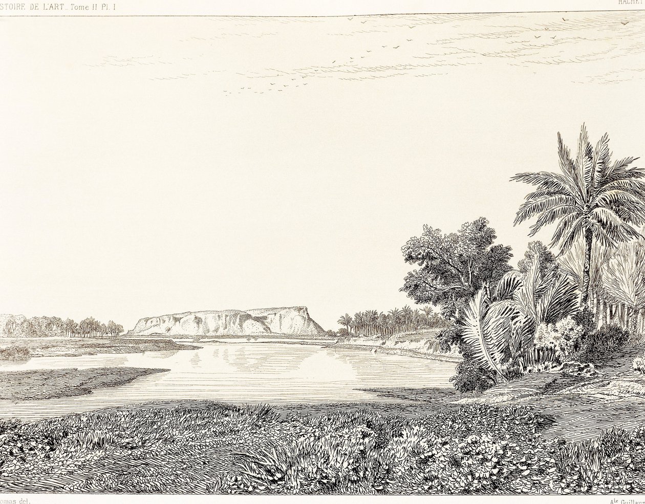 伊拉克，巴比伦的景色，F，托马斯根据乔治-佩罗（1832-1914）和查尔斯-奇皮兹（1835-1901）的雕刻绘制，《古代艺术史》。 作者 Georges 和 Chipiez 查尔斯·佩罗