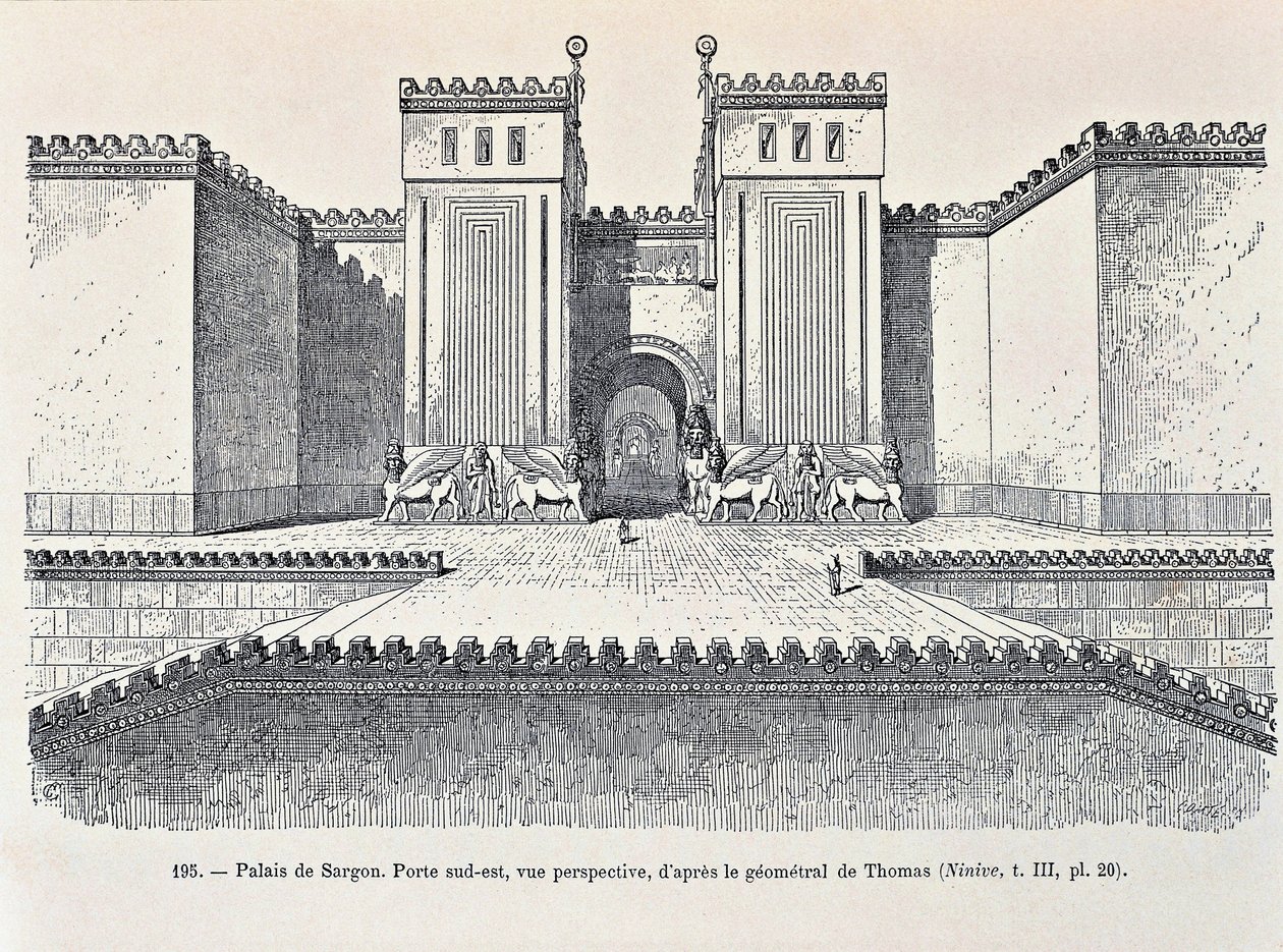 位于Dur-Sharrukin（"萨尔贡要塞"）的萨尔贡宫东南门的重建，今天的Khorsabad（蚀刻画）。 作者 Georges 和 Chipiez 查尔斯·佩罗