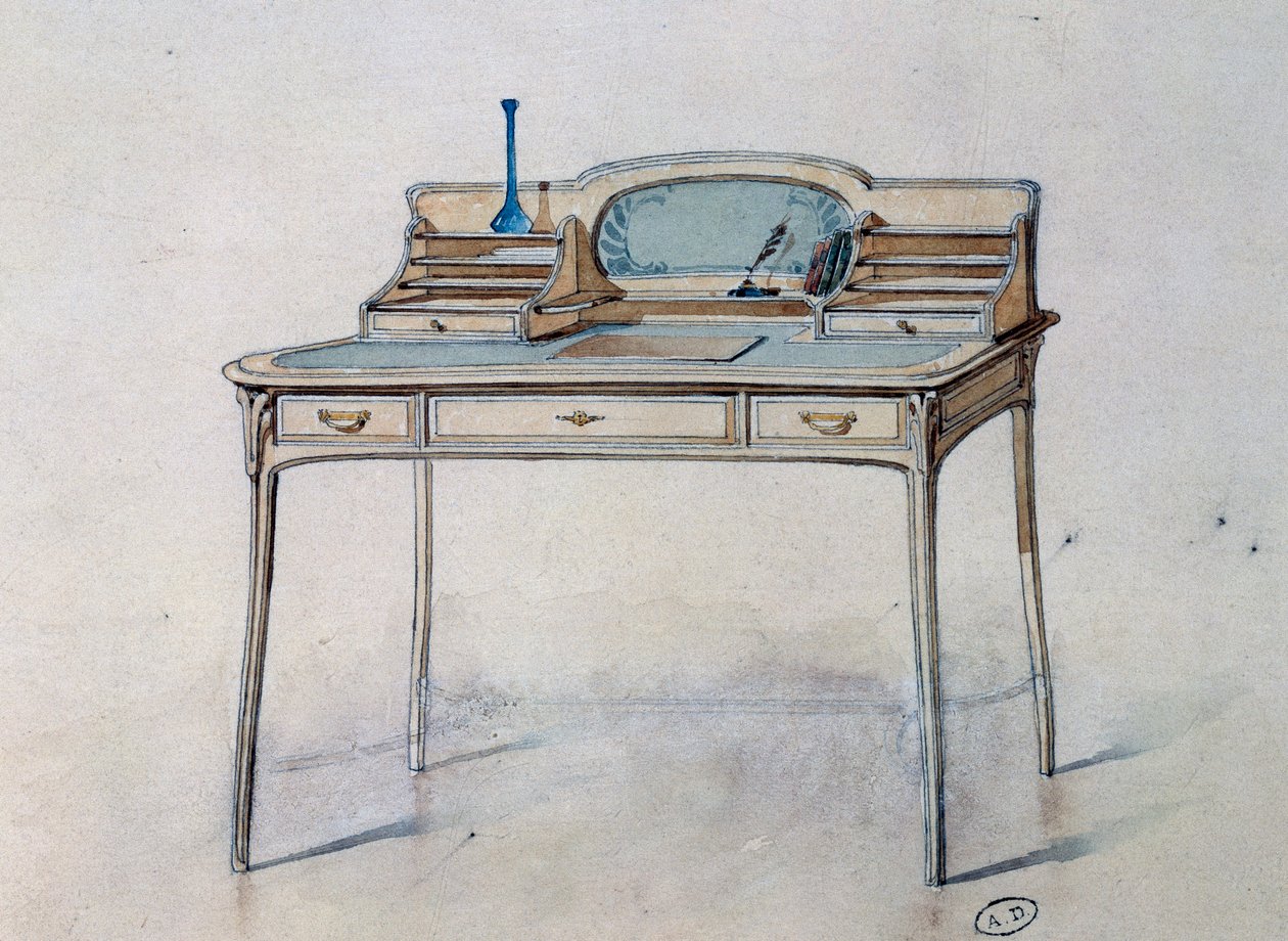 为Bing Atelier（新艺术运动工作室）绘制的新艺术运动女士写字台，约1900年（水彩和铅笔）。 作者 乔治·德菲尔