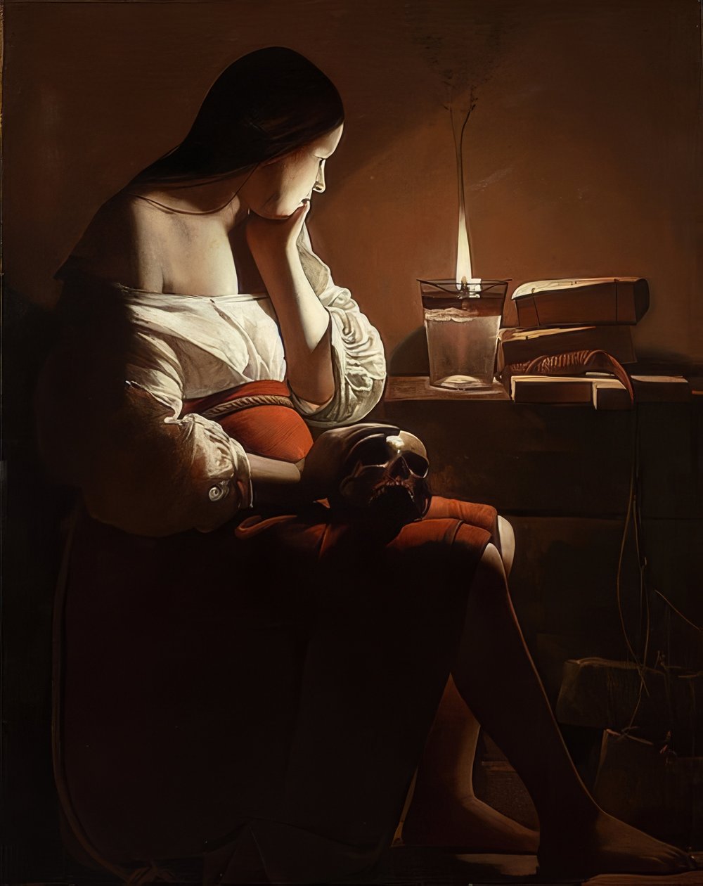 玛丽亚·玛格达琳（Maria Magdalen）抽着烟。约于1638-40 作者 乔治·德拉图尔