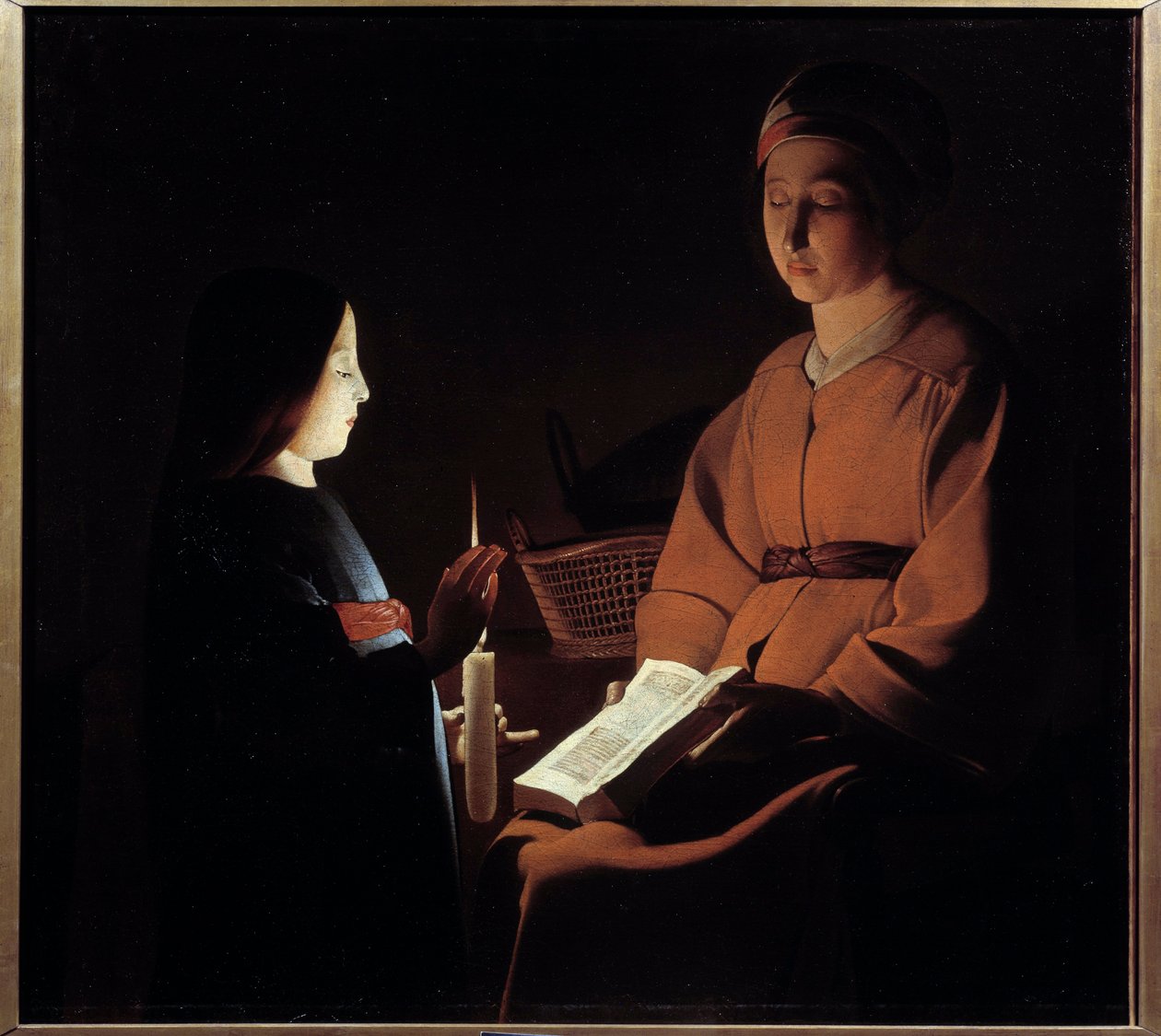 处女的教育。 Georges De La Tour (1593-1652) 的绘画 作者 乔治德拉（游览后）游览