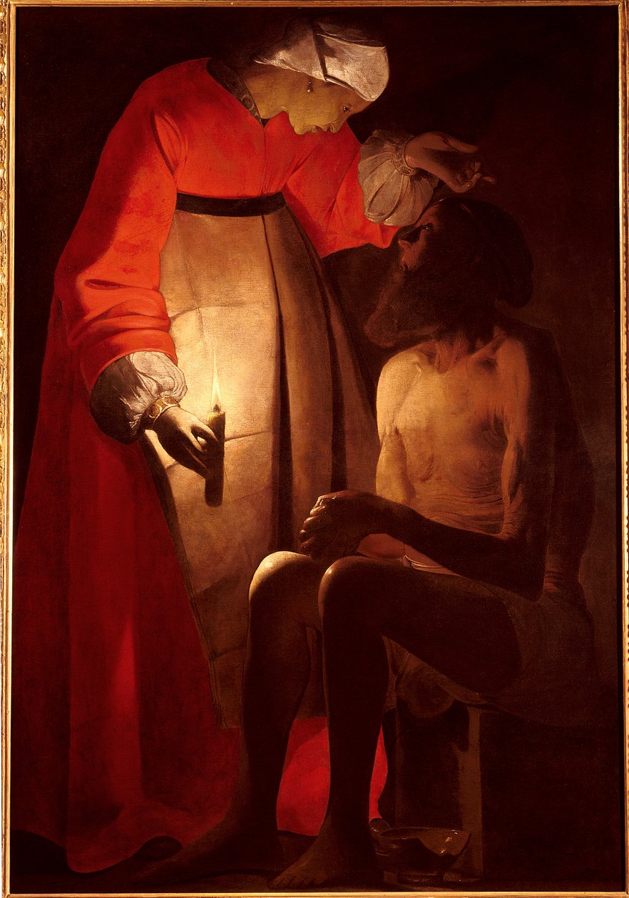 约伯对他的妻子发怒。 Georges De La Tour (1593-1652) 的绘画 作者 乔治·德拉图尔