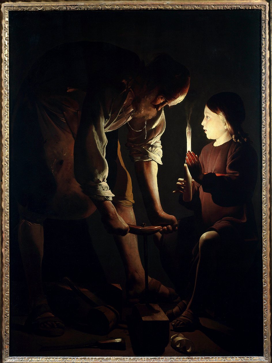 Saint Joseph carpenter Jesus child holds a candle to light his father Joseph at work. Painting by Georges de La Tour (1593-1652) 1640 Sun. 1,07 X 1,02 m Paris. Louvre Museum 作者 乔治·德拉图尔