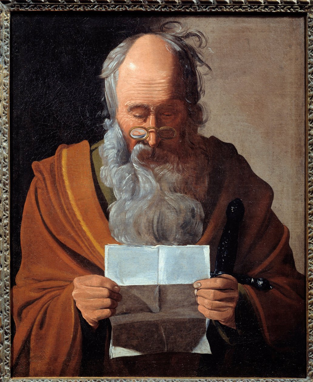 圣保罗。 使徒读一封信的画像。 Georges De La Tour (1593-1652) 的绘画 作者 乔治·德拉图尔