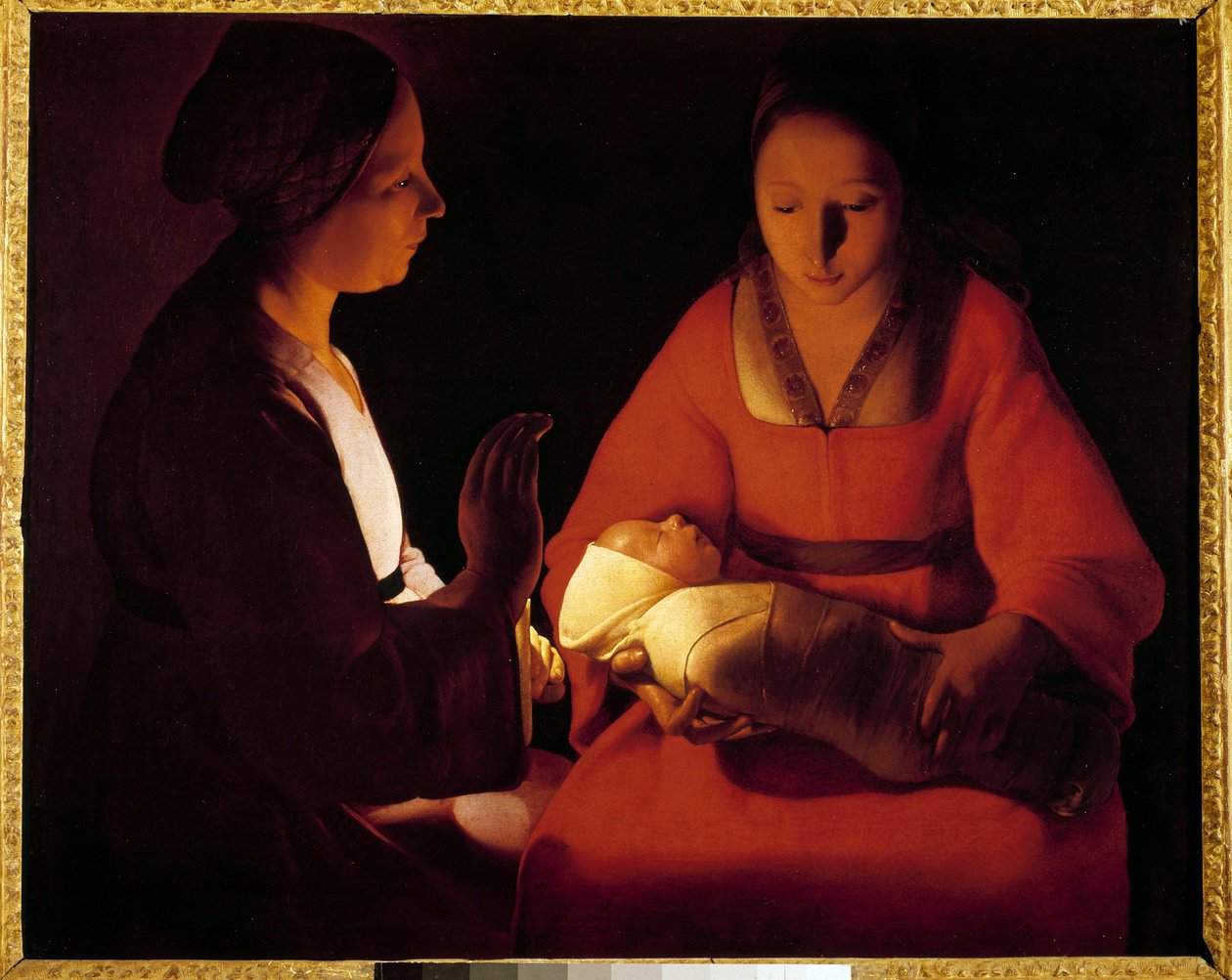 新出生的孩子（The New Born Child）。 Georges De La Tour (1593-1652) 的绘画 作者 乔治·德拉图尔