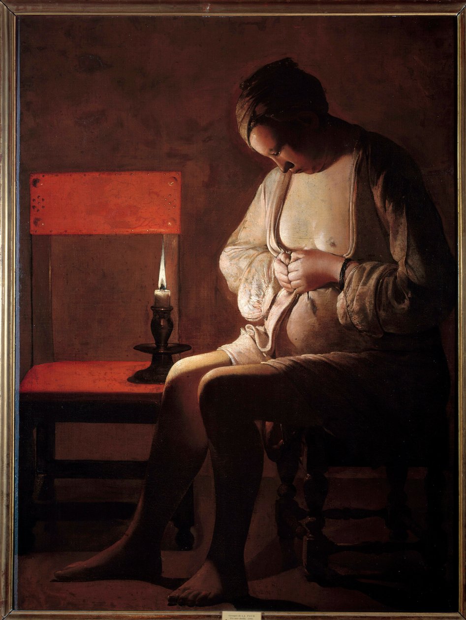 女人有芯片。 Georges De La Tour (1593-1652) 的绘画 作者 乔治·德拉图尔