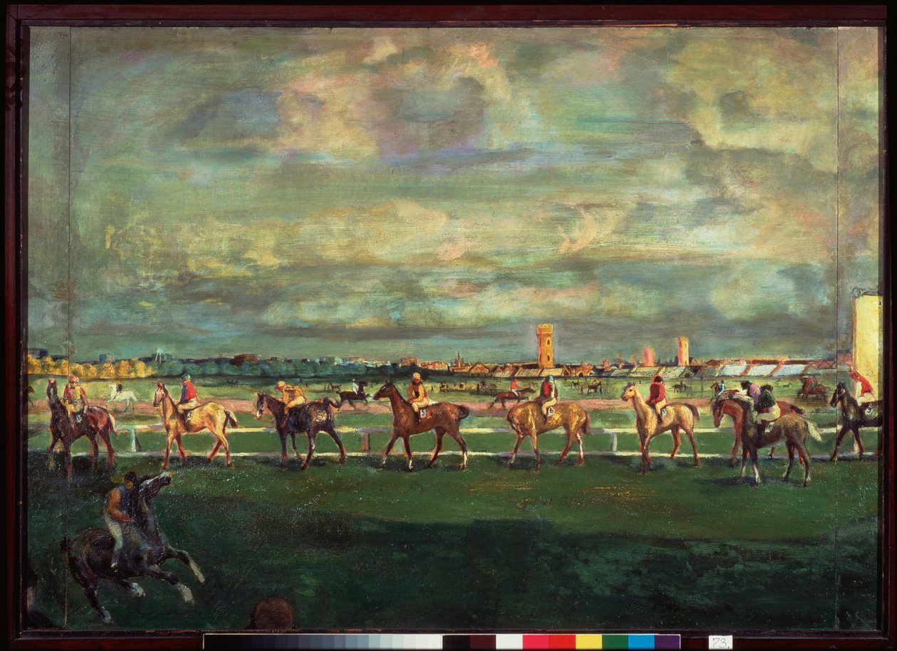赛马 - Georgi Bogdanovich Yakulov（1884-1928 年）的作品，木板油画 作者 格奥尔基·博格丹诺维奇·雅库洛夫