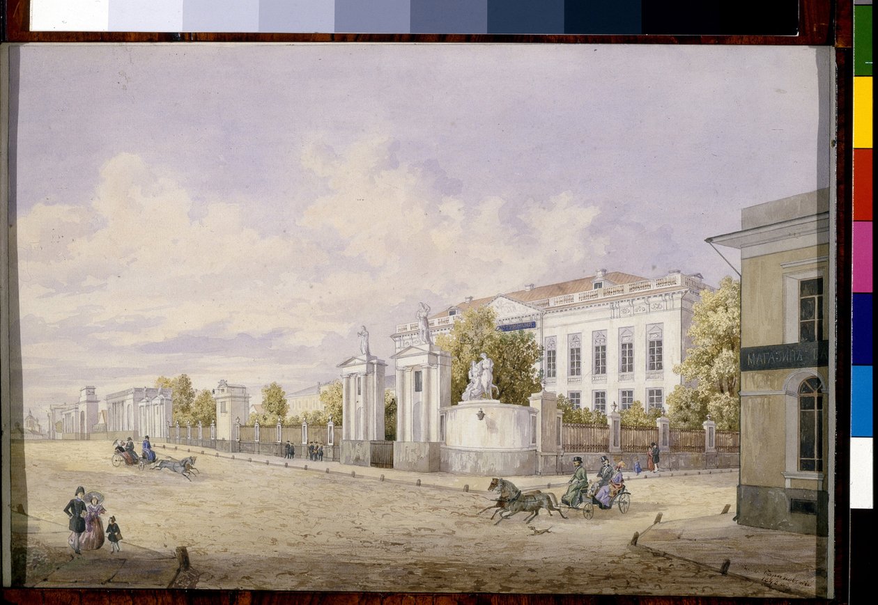 La grande rue Loubianka a Moscou (Russie) (莫斯科卢比扬卡大街) - Oeuvre de Georgi Filippovich Baranovsky (1823-1852), aquarelle sur papier,1848 - 国立特列季亚科夫画廊，莫斯科（俄罗斯） 作者 格奥尔基·菲利波维奇·巴拉诺夫斯基