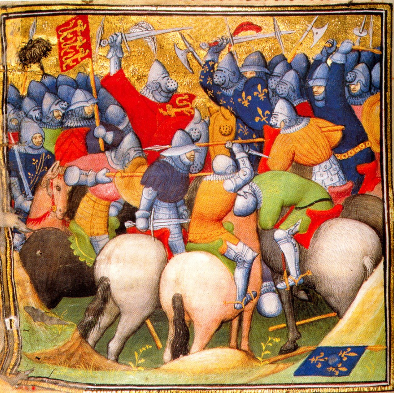 英国人在 1346 年克雷西战役中与法国骑士交战，Grandes Chroniques de France，1415 (26228020225) 作者 第比利斯的乔治亚·莱文·拉米什维利