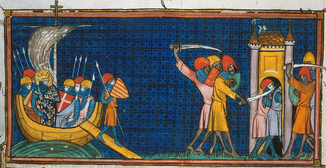 路易九世在突尼斯登陆，法国人在塔楼上被萨拉森人切断，选自 Chroniques de France ou de St Denis，14 世纪 (22528512660) 作者 第比利斯的乔治亚·莱文·拉米什维利