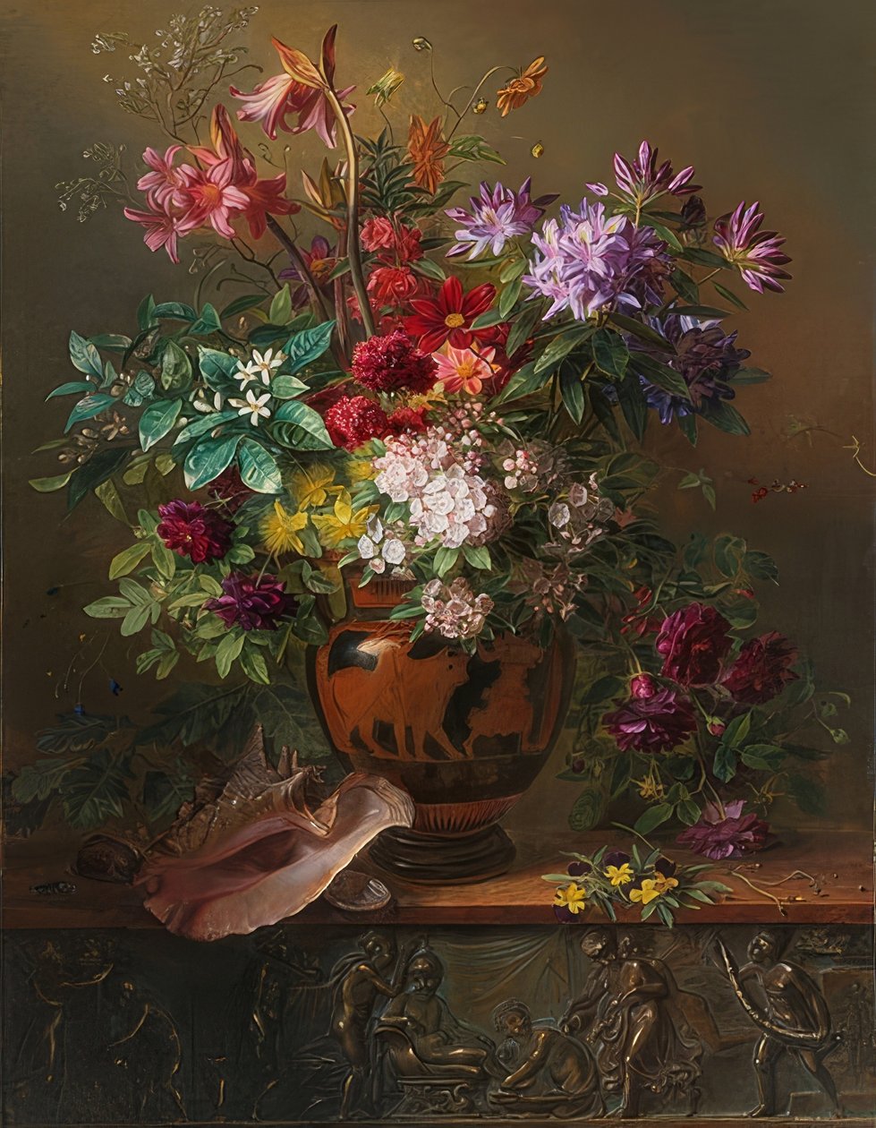 与花的静物画在希腊花瓶：春天寓言。 1817年 作者 乔治·雅各布斯·约翰内斯·范·奥斯
