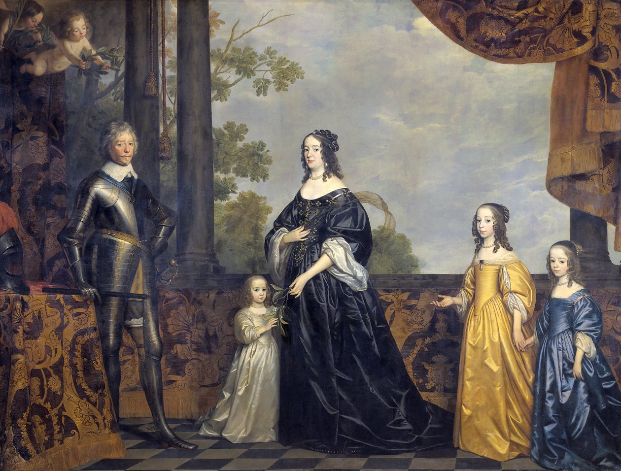 弗雷德里克亨利，奥兰治王子（1584-1647），Solms-Braunfels的Amalia（1602-1675）以及他们三个最小的女儿的集团肖像 作者 格里特·范·洪特霍斯特