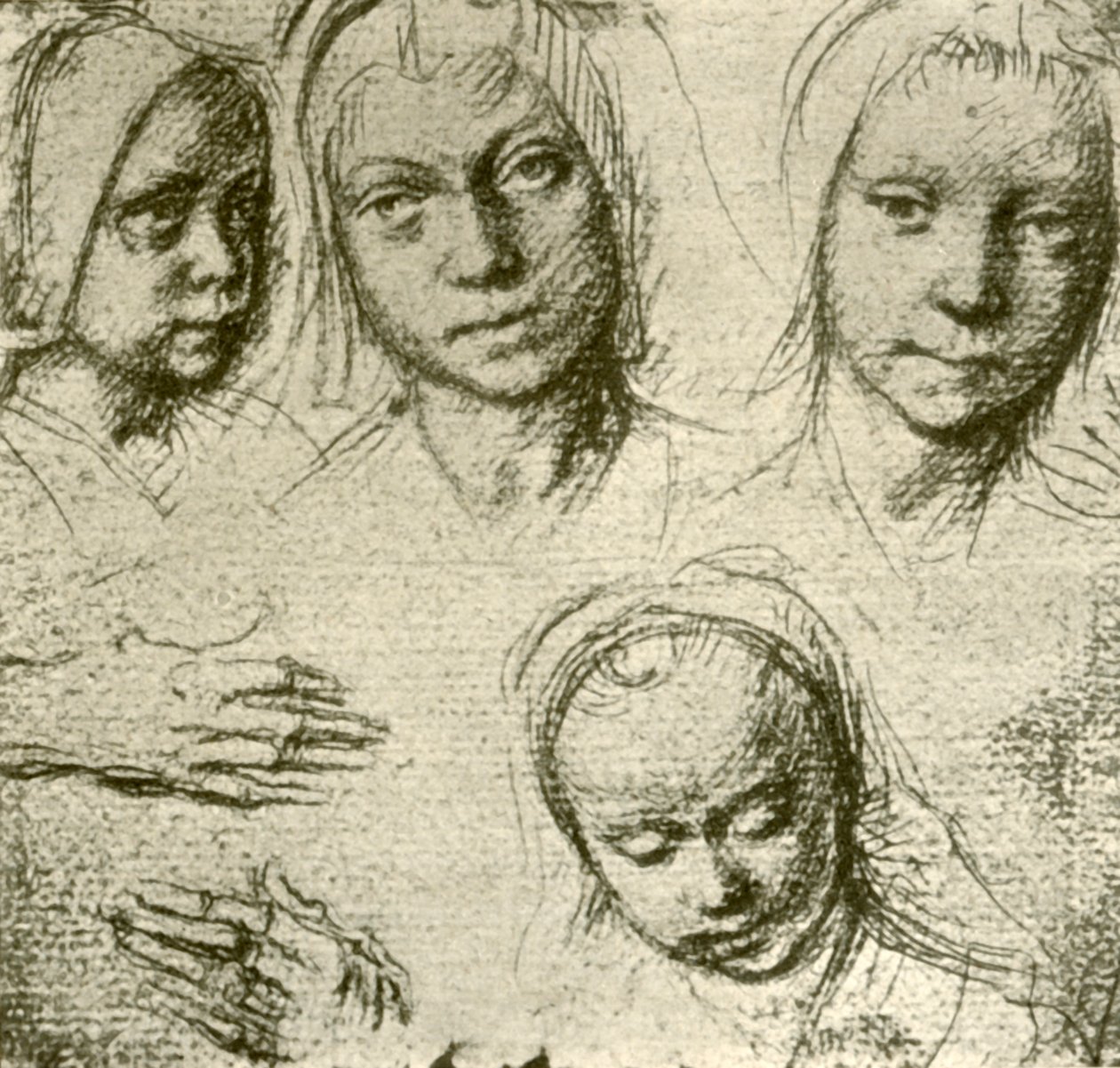 《四个女孩的头和两只手》，c1500-1505，1908年。 作者 杰拉德·大卫