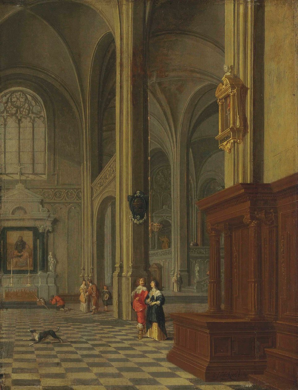 德语：Inneres einer Kirche 哥特式教堂内饰，人物造型优雅 作者 杰拉德·霍克基斯特
