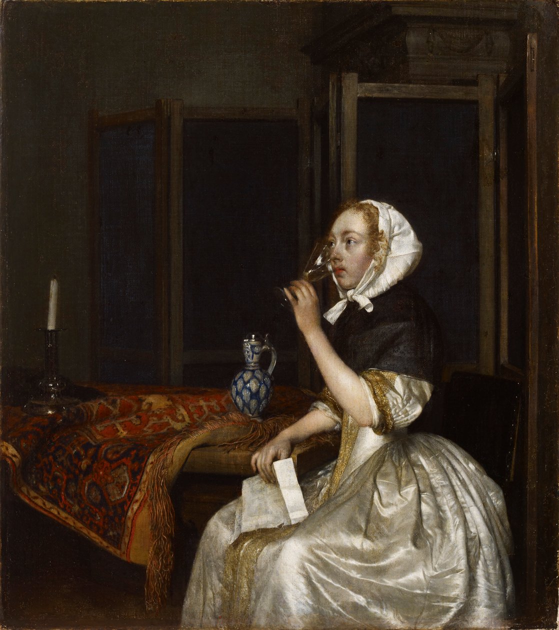 《拿着酒杯的女士》，摄于1665年。 作者 杰拉德·特·伯奇