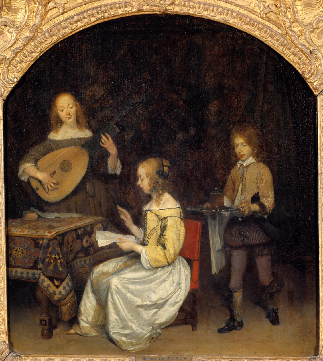 音乐会：Luth Theorbe 的歌手和演奏者。 Gerard Ter Borch (1617-1681) 绘画，荷兰学校 作者 杰拉德·特·博尔赫
