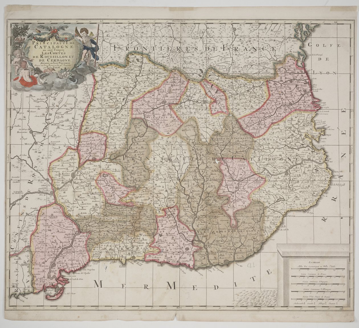 加泰罗尼亚公国，约1702年（手绘蚀刻版）。 作者 杰拉德·瓦尔克