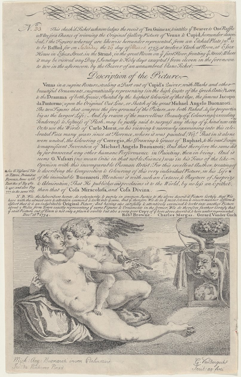 米开朗基罗之后的《维纳斯和丘比特》画作的抽奖券，1734年。 作者 杰拉德·范德古赫特