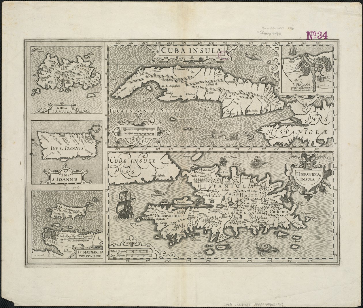 古巴岛;伊斯帕尼奥拉岛，由Hendrik Hondius雕刻，1633年 作者 墨卡托之后的杰拉德