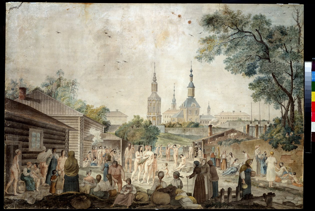 Une cure thermale (Sauna) a Moscou（莫斯科的桑拿浴）。杰拉德-德拉巴特（1787-1810 年间画家）的画作。纸上水彩画，45.7 x 66.7 厘米，1790 年。18 世纪的法国艺术。普希金美术馆私人收藏博物馆 作者 杰拉德·德拉巴特