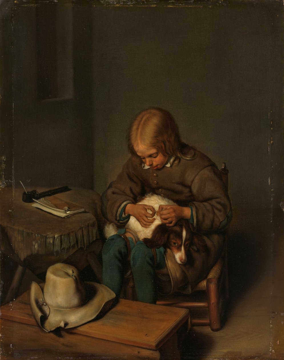 男孩给狗跳蚤 作者 Gerard ter（后）Borch 或 Terborch