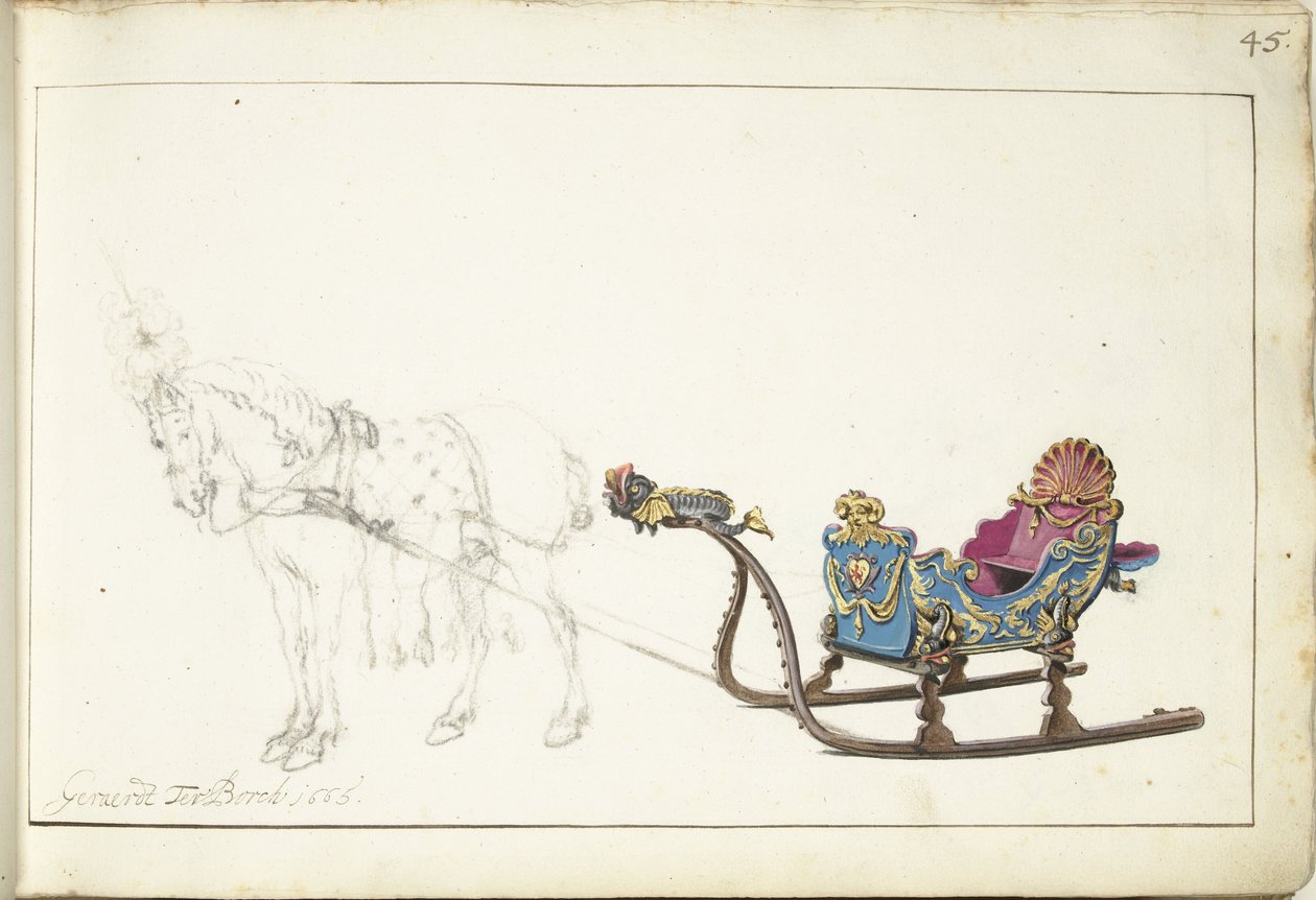 马和雪橇 作者 Gerard ter Borch (II)（艺术家签名）