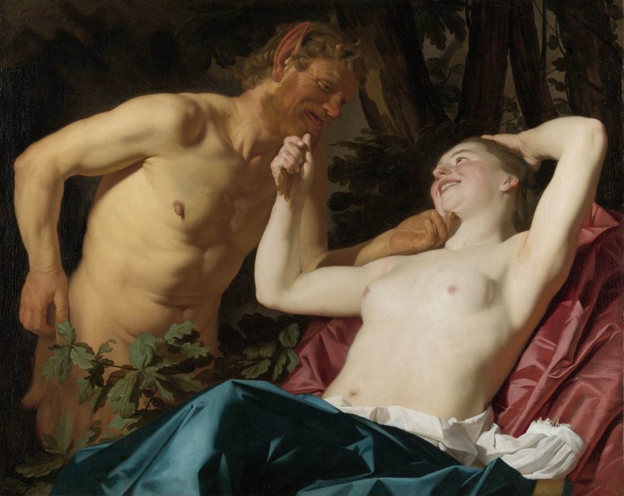 萨提尔与仙女 作者 Gerard van Honthorst（艺术家签名）