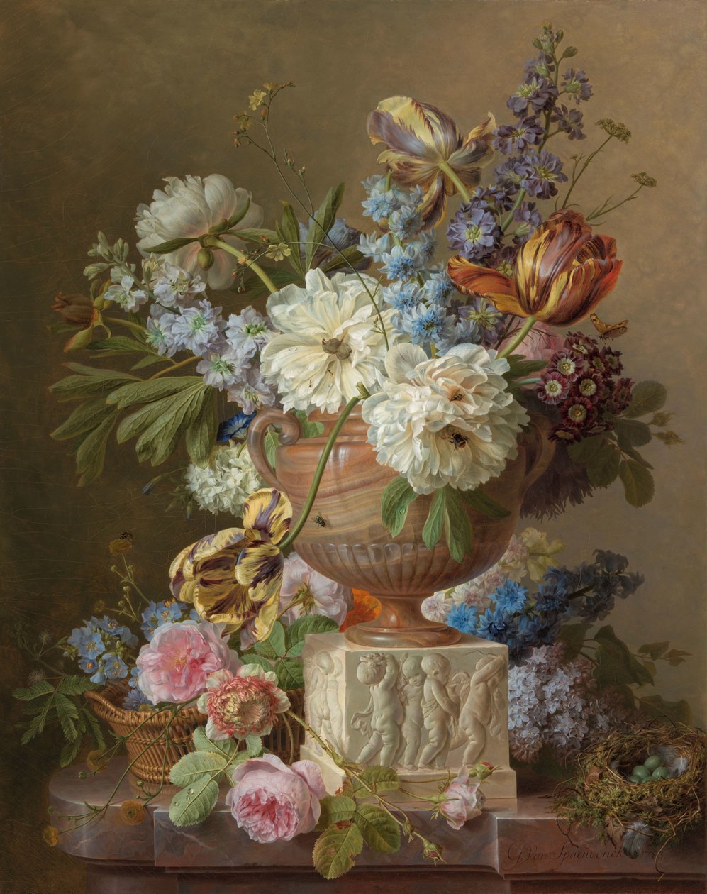青玉瓶花卉静物画 作者 Gerard van Spaendonck（艺术家签名）