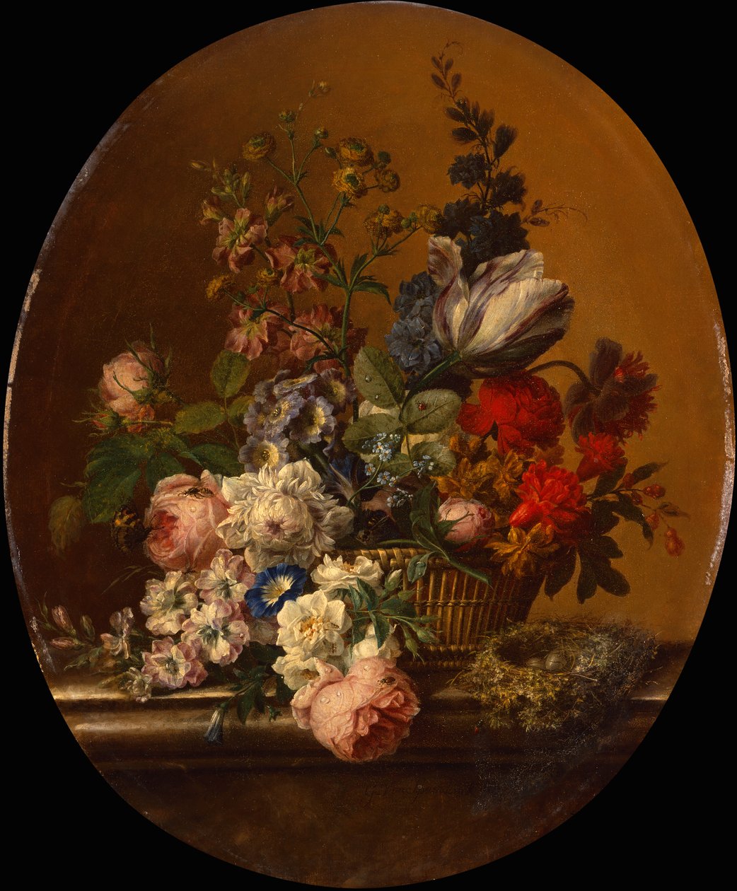 篮子里的花与石磴上的敦煌鸟巢静物（布面油画） 作者 杰拉德范斯潘东克