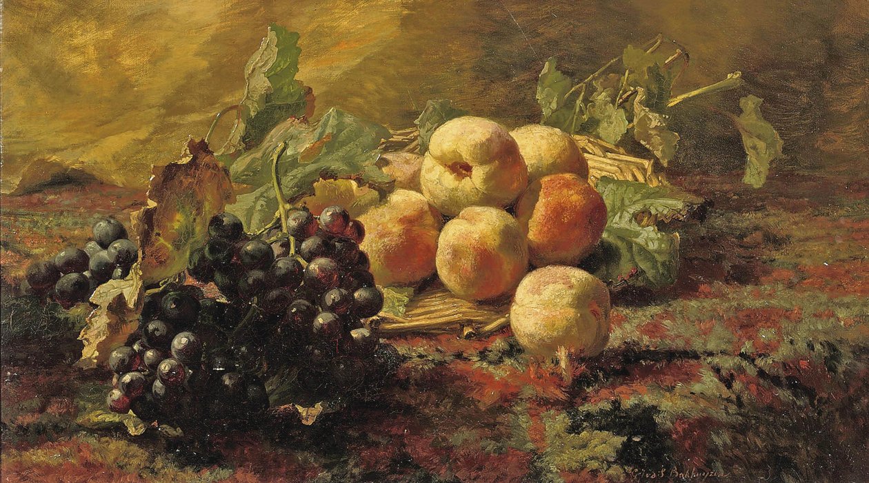 柳条筐里的蓝葡萄和桃子 作者 杰拉迪娜（Gerardina Jacoba）van de Sande Bakhuyzen