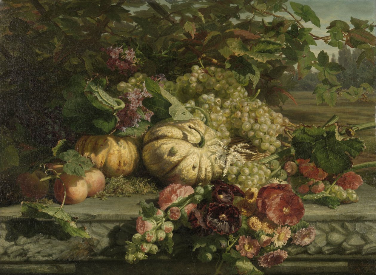 荷兰语：鲜花和水果静物画 作者 杰拉迪娜（Gerardina Jacoba）van de Sande Bakhuyzen