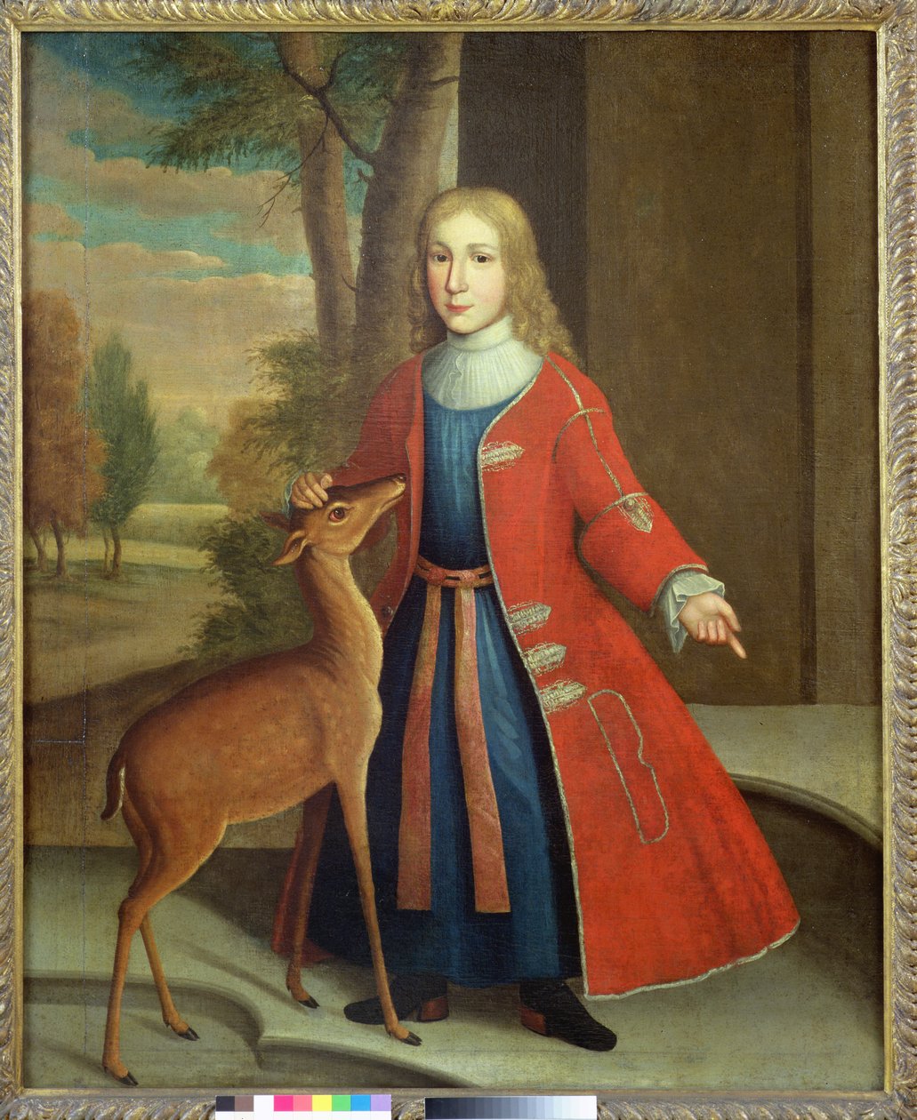 De Peyster男孩与小鹿，c.1730-35（亚麻油） 作者 杰拉德斯·我·迪金克