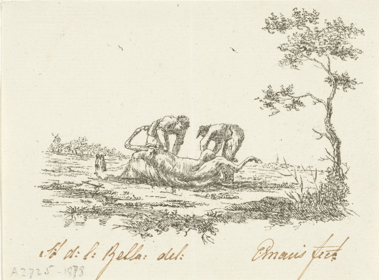两个剥马皮的人
画家 作者 Gerardus Emaus de Micault（艺术家签名）