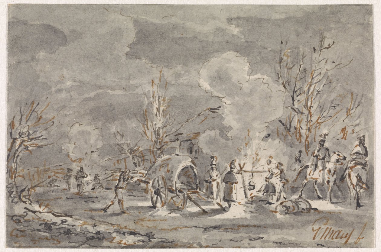 军营，士兵围着篝火 作者 Gerardus Emaus de Micault