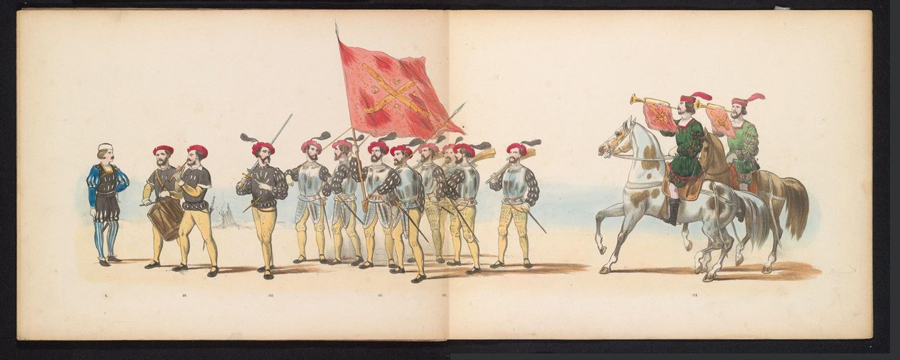 莱顿学生化妆舞会，1855 年（图版 12）
1855 年 6 月 12 日，为庆祝莱顿大学建校 280 周年，莱顿学生会成员举行了化装游行，描绘了查理五世进入荷兰的场景。 作者 杰拉杜斯·约翰内斯·博斯