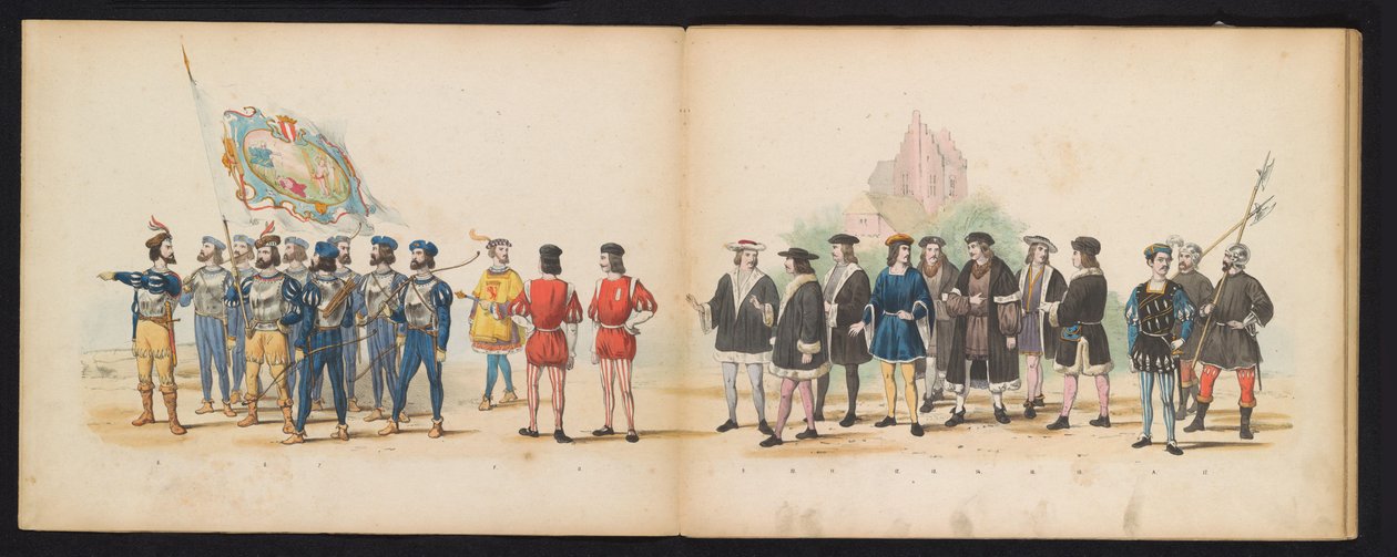 莱顿学生化妆舞会，1855 年（图版 2）
1855 年 6 月 12 日，为庆祝莱顿大学建校 280 周年，莱顿学生会成员举行了化装游行，描绘了查理五世进入大学的场景。 作者 杰拉杜斯·约翰内斯·博斯