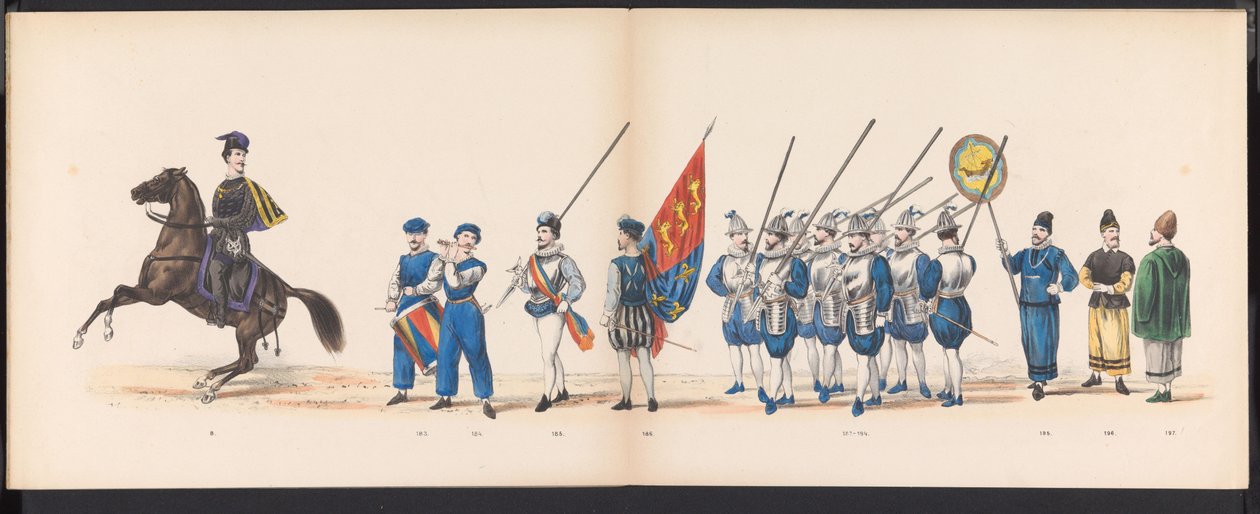 莱顿学生的化妆舞会，1870 年（图版 16）
1870 年 6 月 7 日莱顿学生会成员为庆祝莱顿大学建校 295 周年而举行的化装游行，描绘了 1870 年莱顿之行。 作者 杰拉杜斯·约翰内斯·博斯
