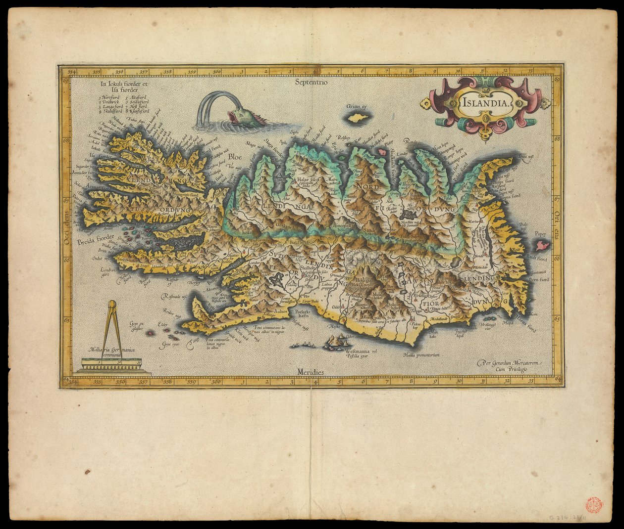 Islandia, Per Gerardum Mercatorem cum privilegio，约 1595 年（墨水、水彩、雕刻、纸张） 作者 杰拉杜斯·墨卡托